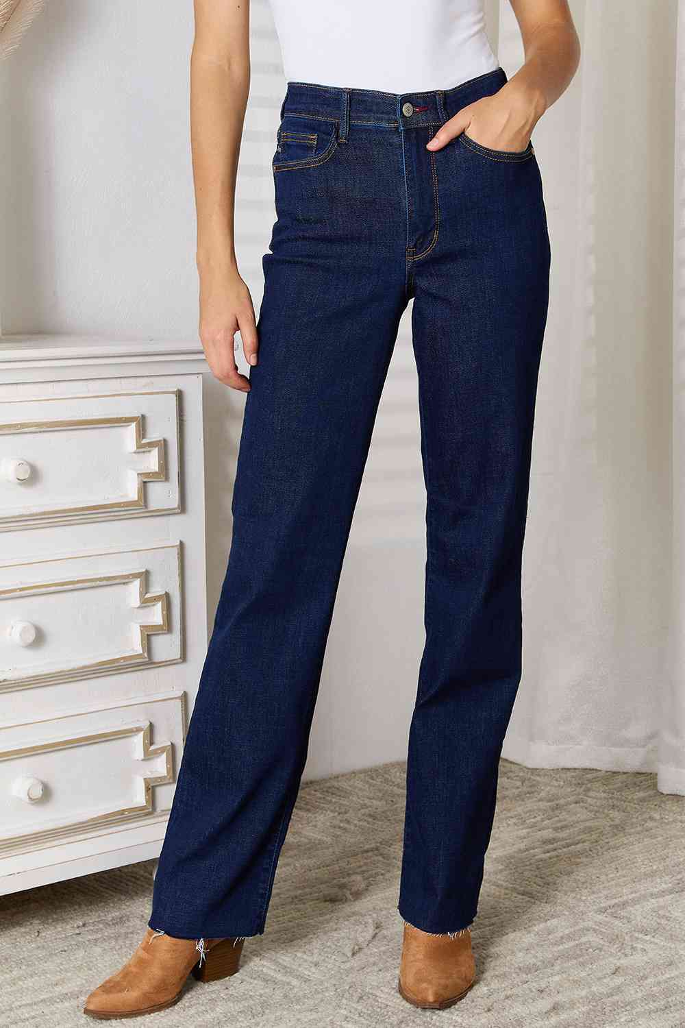 Judy Blue Full Size Raw Hem Straight Leg Jeans with Pockets The Teresa