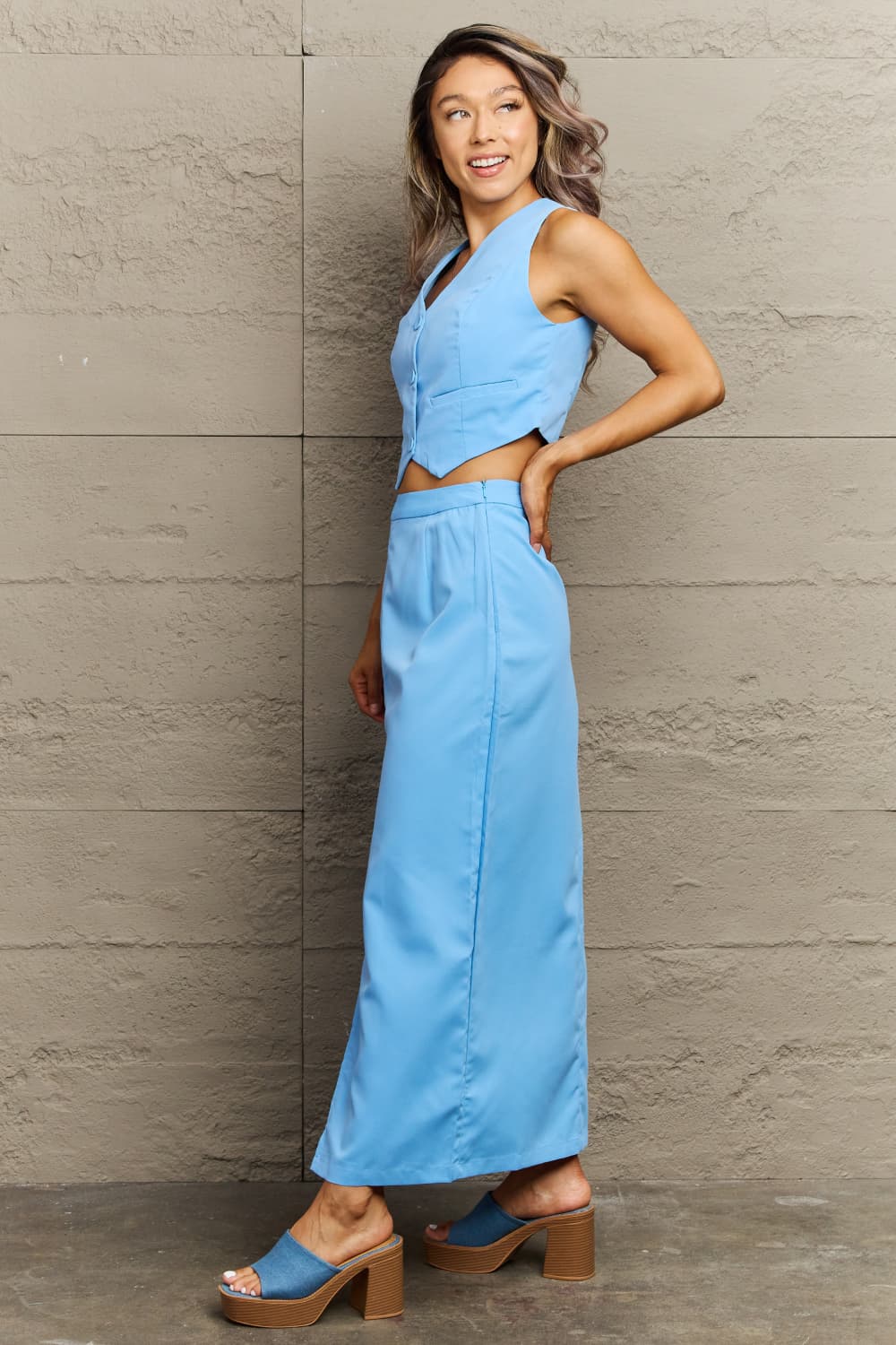 V-Neck Vest and Slit Maxi Skirt Set