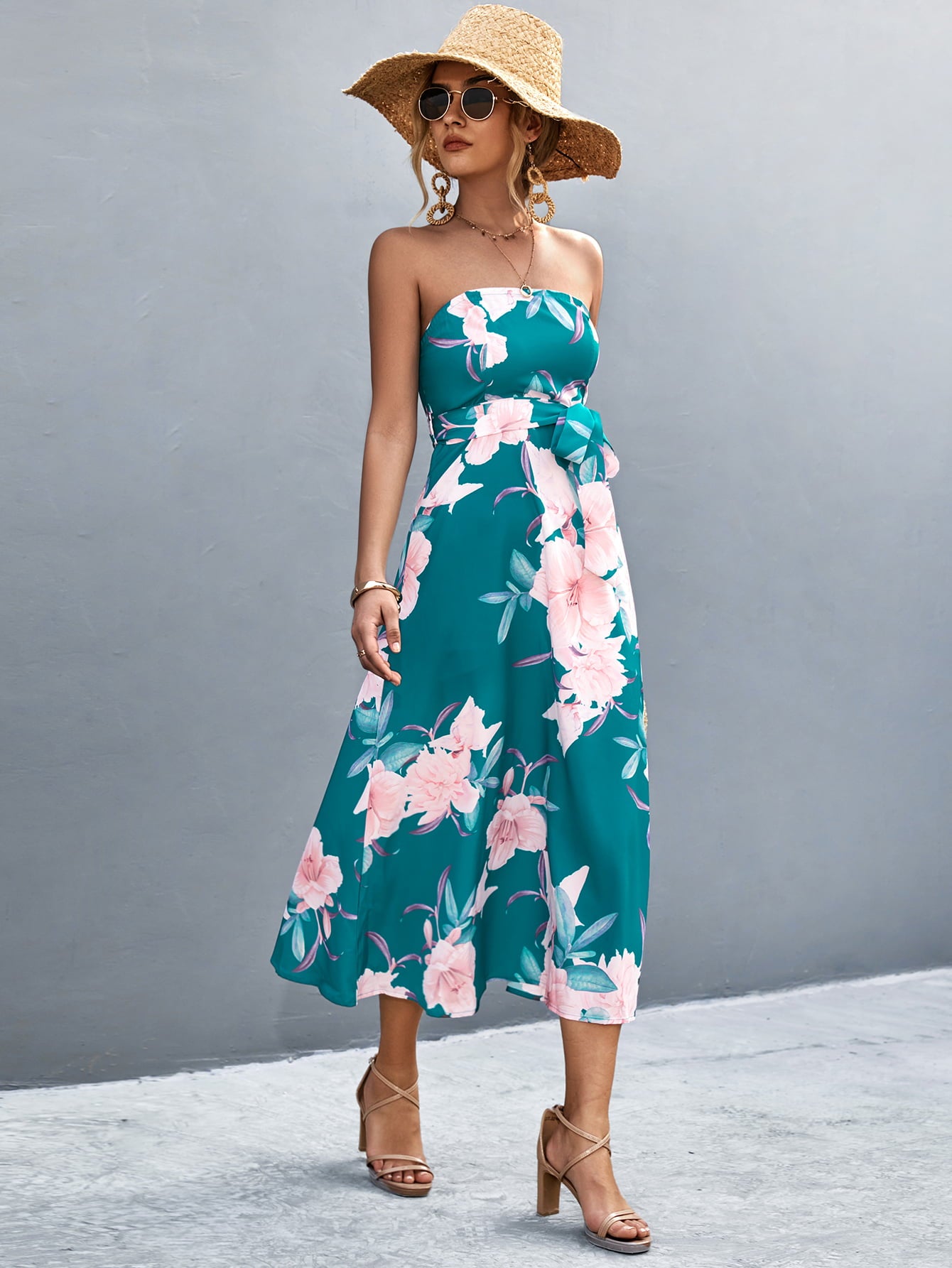 Floral Print Tie Waist Straight Neck Midi Dress