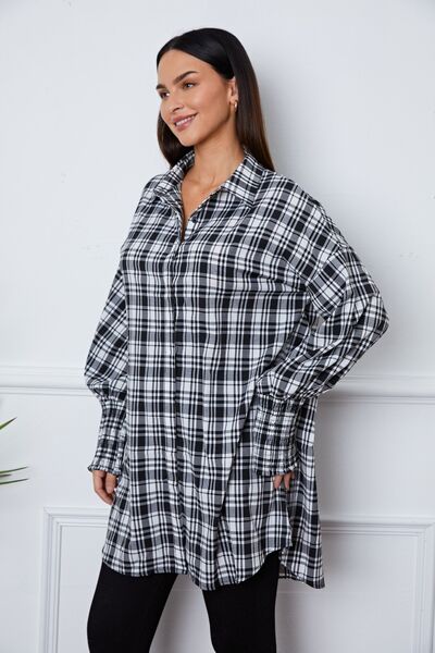 Plaid Button Up Lantern Sleeve Shirt