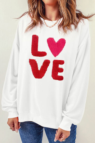 LOVE Embroidered Round Neck Dropped Shoulder Sweatshirt