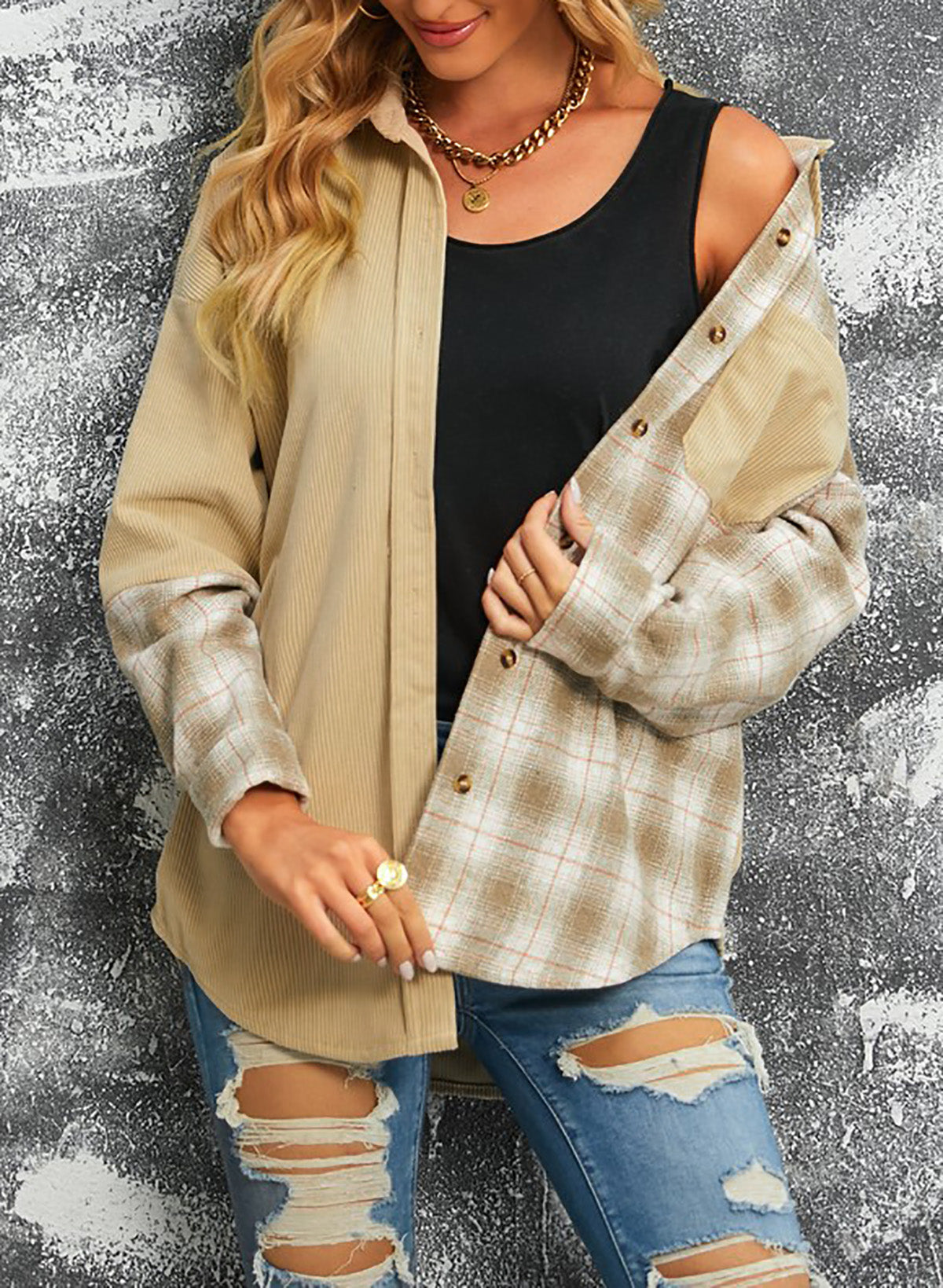 Double Take Plaid Color Block Dropped Shoulder Corduroy Shacket