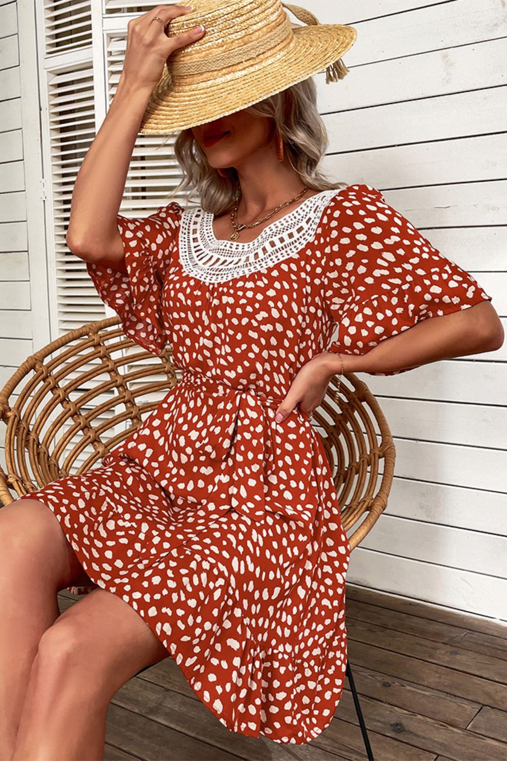 Printed Round Neck Flounce Sleeve Mini Dress