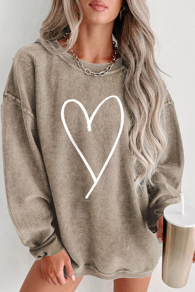 Heart Round Neck Dropped Shoulder Sweatshirt