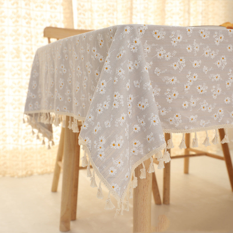 Cotton Linen Embroidery Daisy Tablecloth Decorative Macrame Table Cover Fashion Tassel Table Cloth