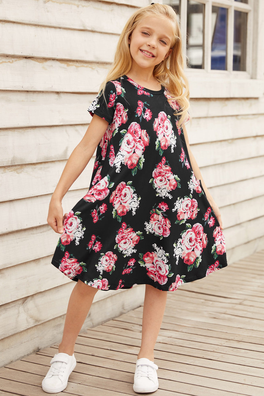 Girls Floral Round Neck Short Sleeve Dress with Pockets