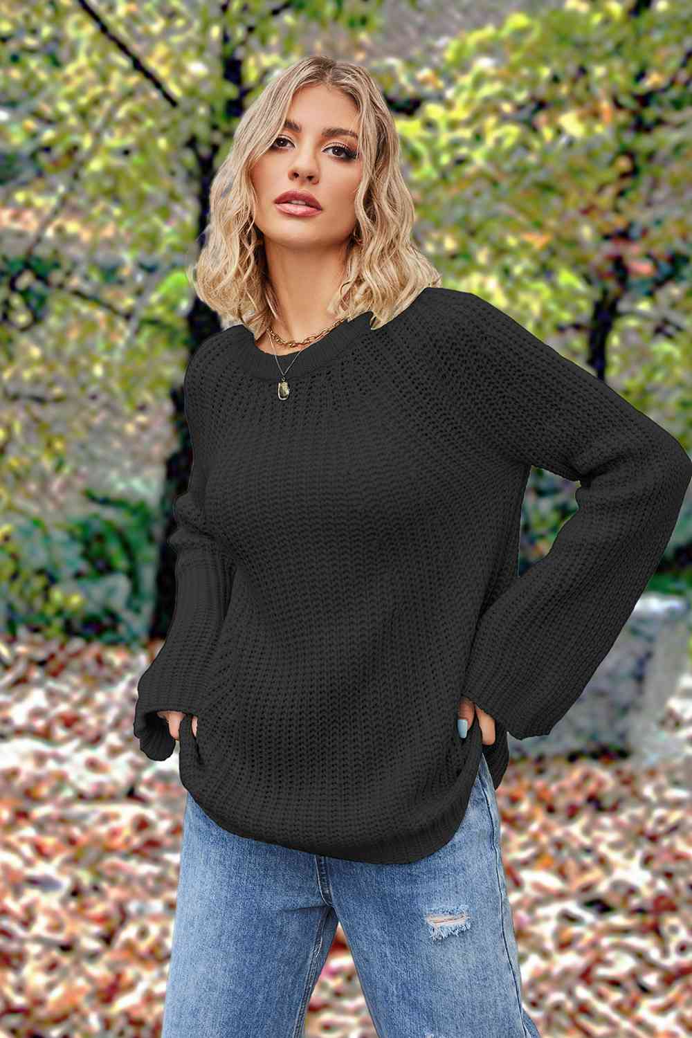 Openwork Round Neck Long Sleeve Sweater