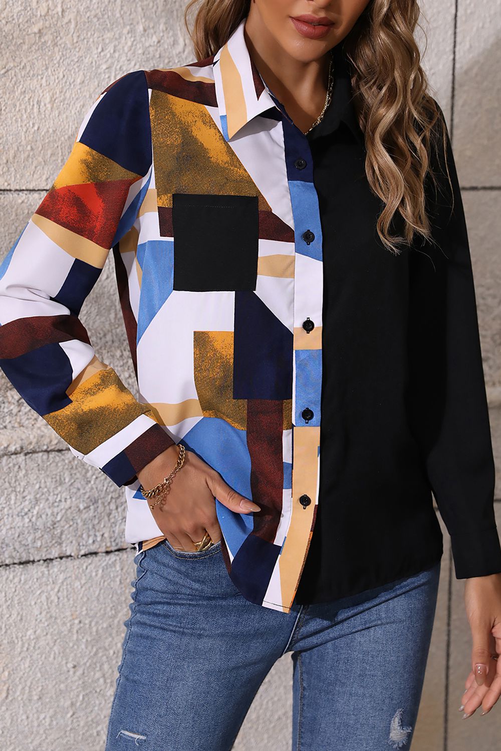 Contrast Printed Long Sleeve Collared Neck Shirt