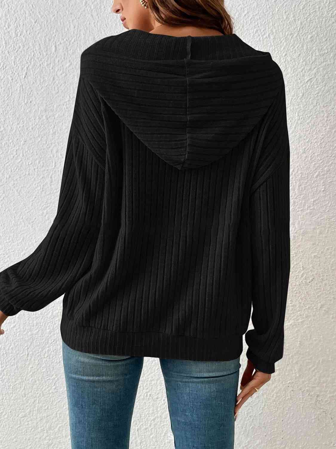 Ribbed Dropped Shoulder Drawstring Hoodie