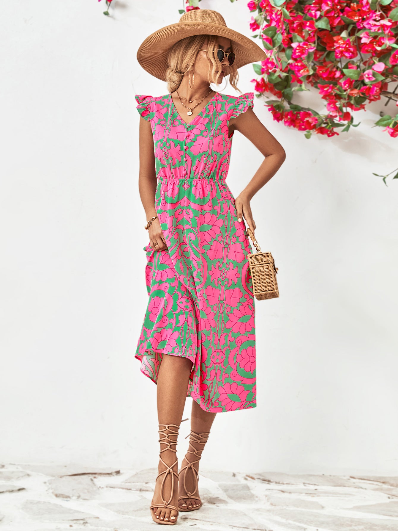 Floral V-Neck Cap Sleeve Dress