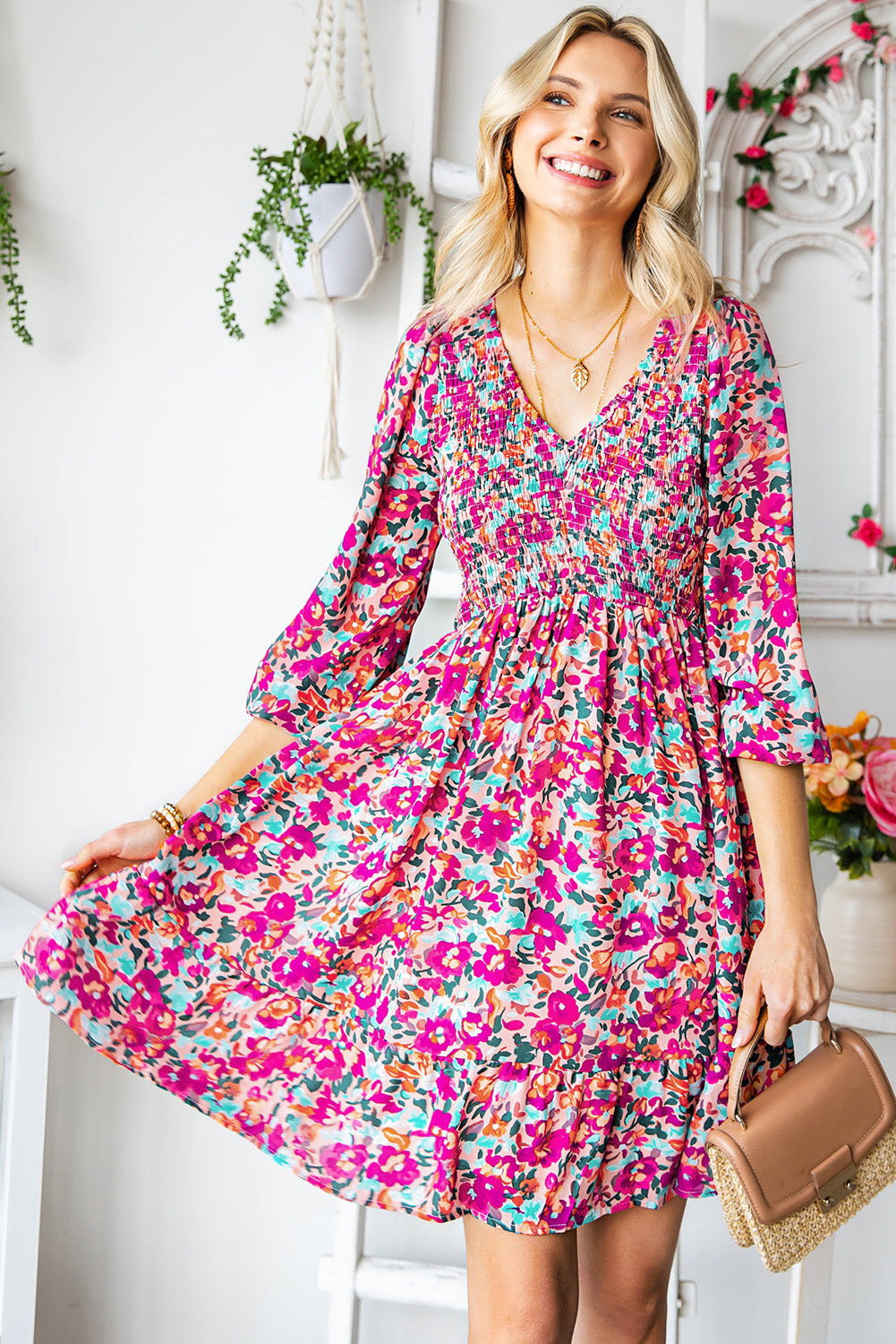 Floral Smocked V-Neck Flounce Sleeve Dress