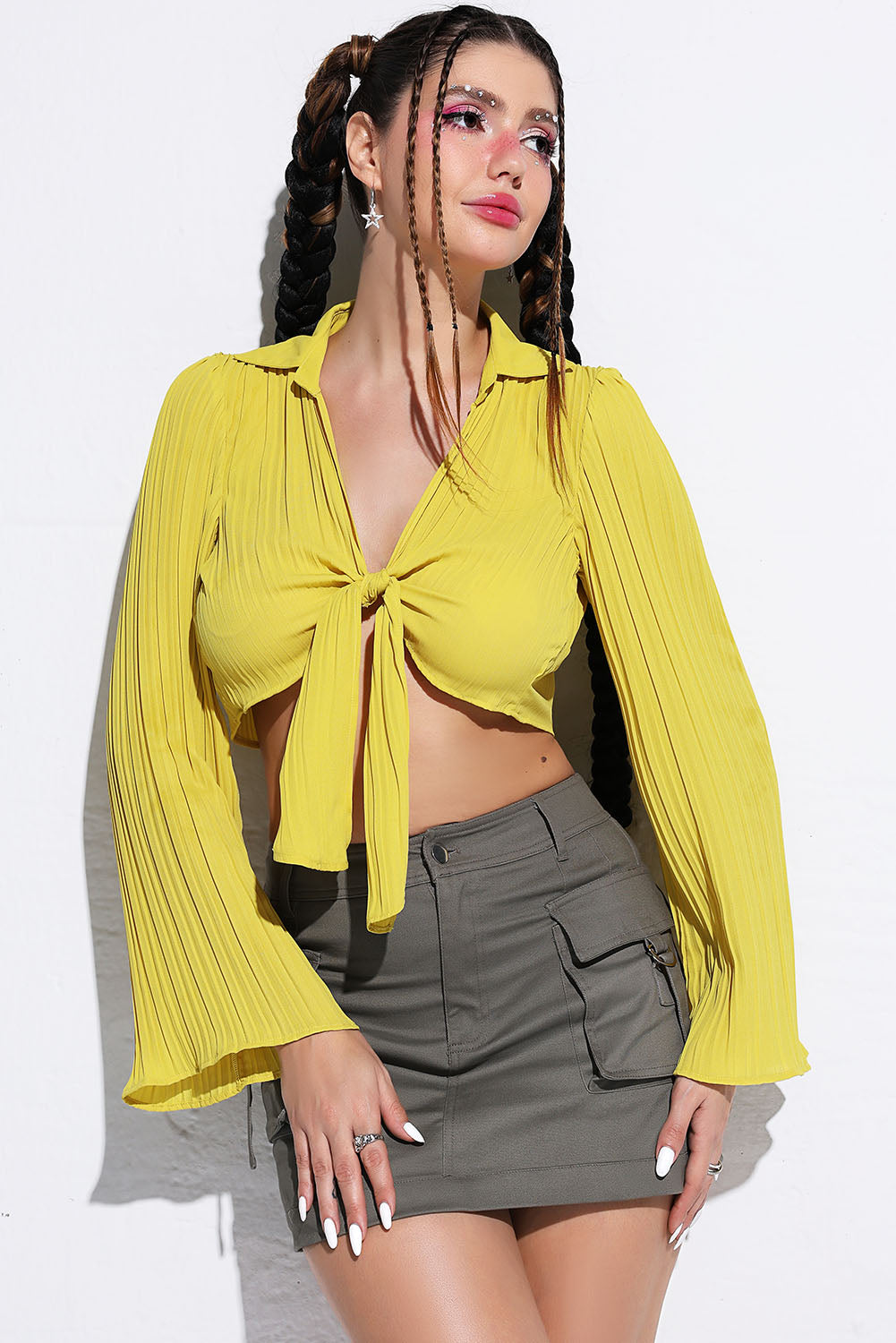 Tie Front Johnny Collar Flare Sleeve Cropped Top