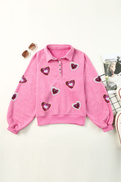 Heart Sequin Half Snap Collared Neck Sweatshirt