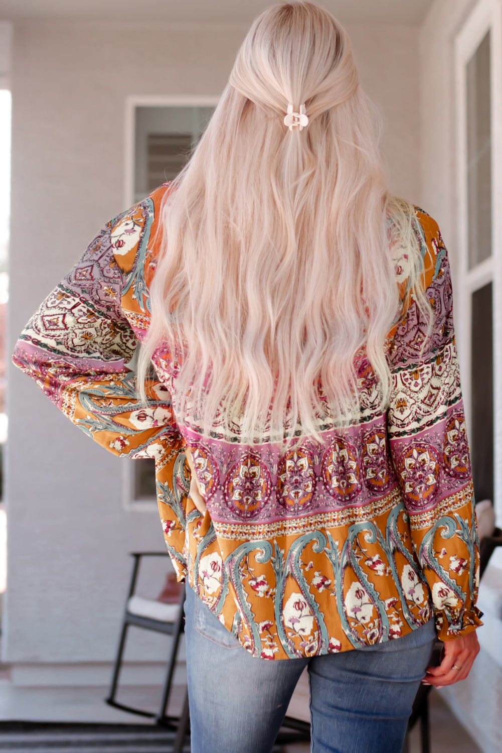 Bohemian Long Flounce Sleeve V-Neck Blouse