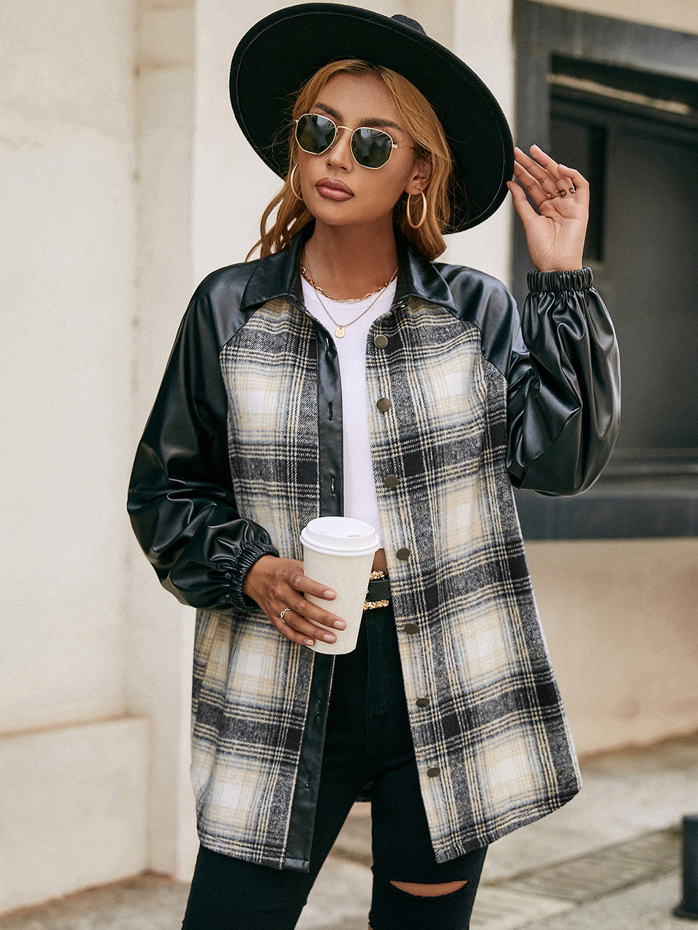 Plaid Button Down Raglan Sleeve Jacket