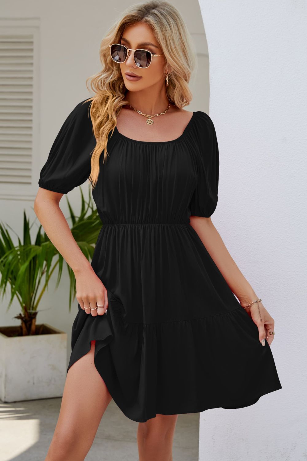 Ruched Square Neck Puff Sleeve Mini Dress