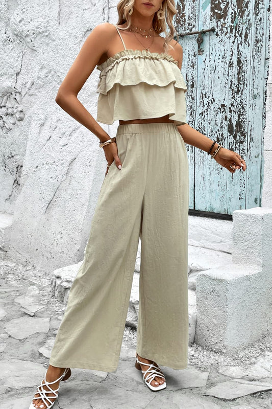 Frill Trim Cami and Wide Leg Pants Set