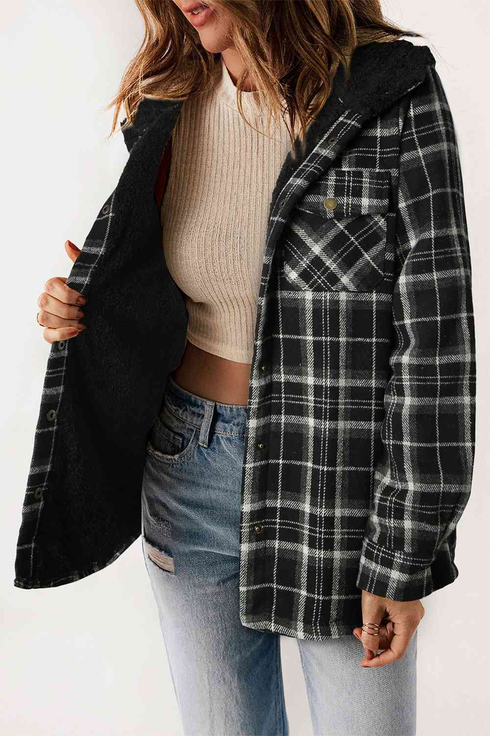 Plaid Snap Down Hooded Jacket