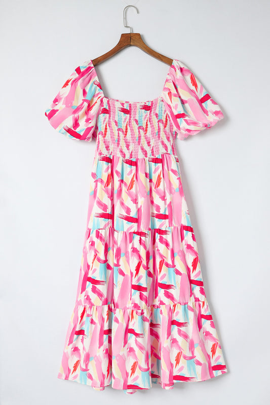 Printed Square Neck Tied Smocked Dress