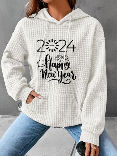 Full Size 2024 HAPPY NEW YEAR Waffle-Knit Hoodie