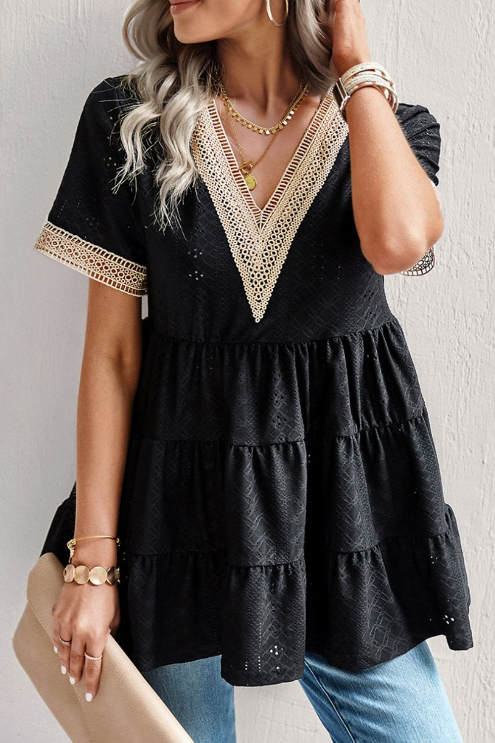 Contrast Short Sleeve Tiered Blouse