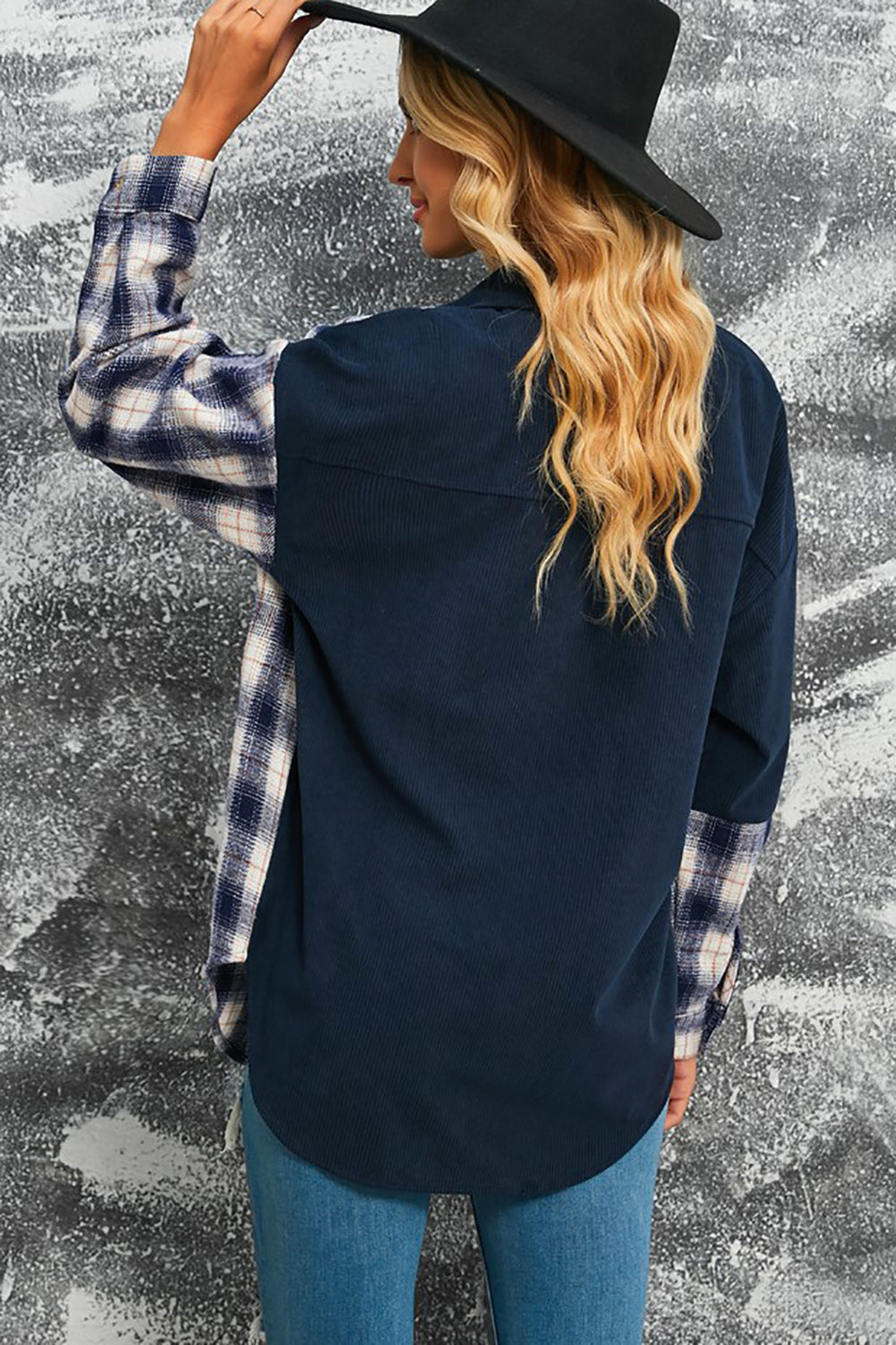 Double Take Plaid Color Block Dropped Shoulder Corduroy Shacket