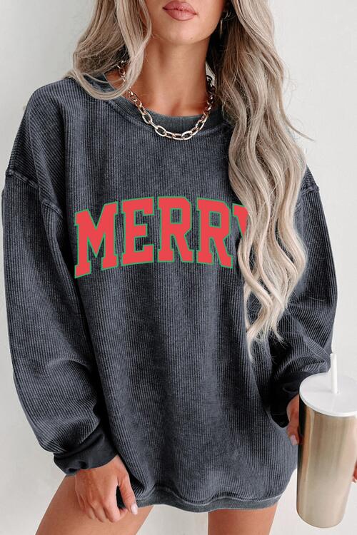 MERRY Ribbed Round Neck Long Sleeve Sweatshirt