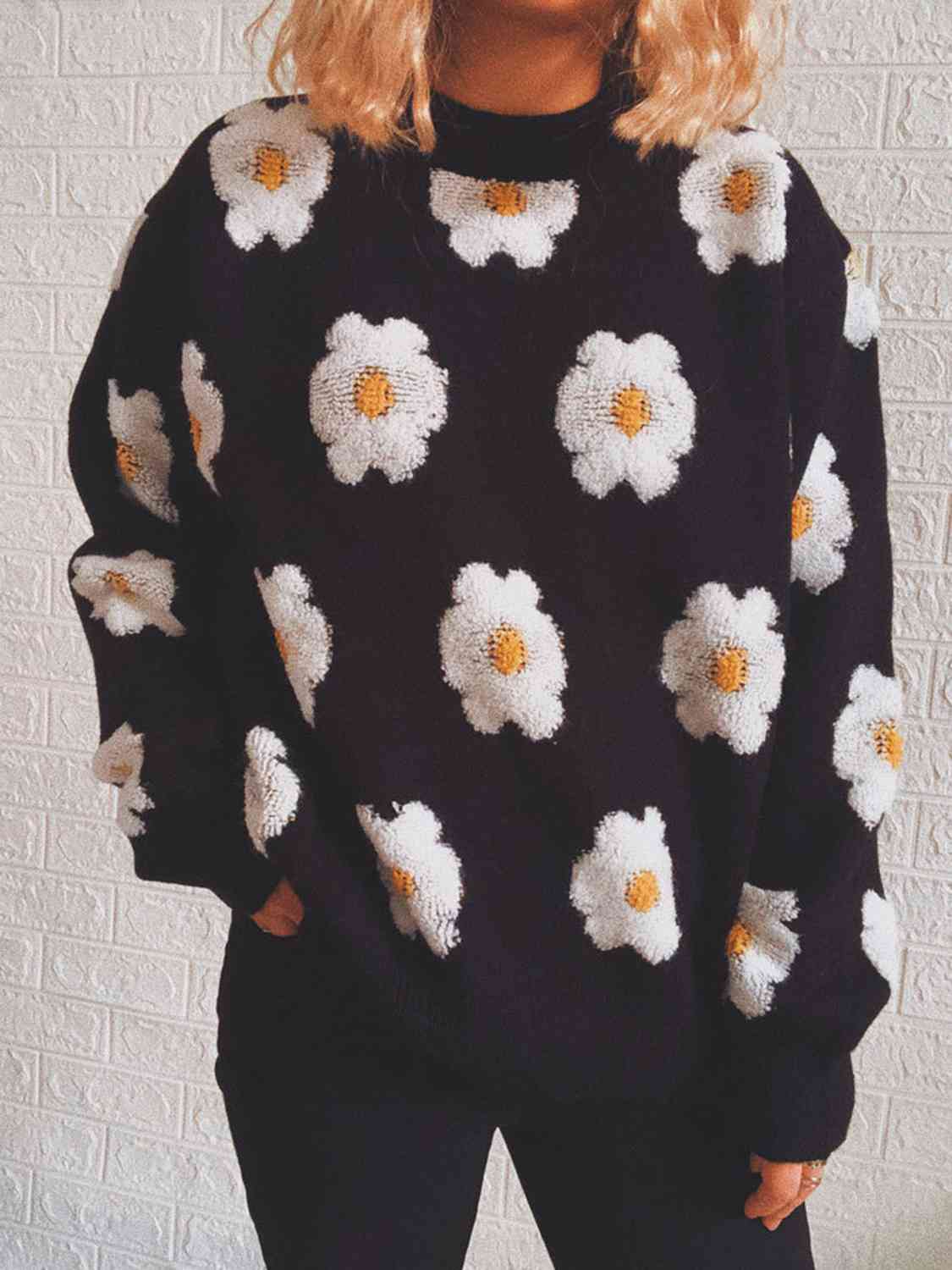 Flower Round Neck Long Sleeve Sweater