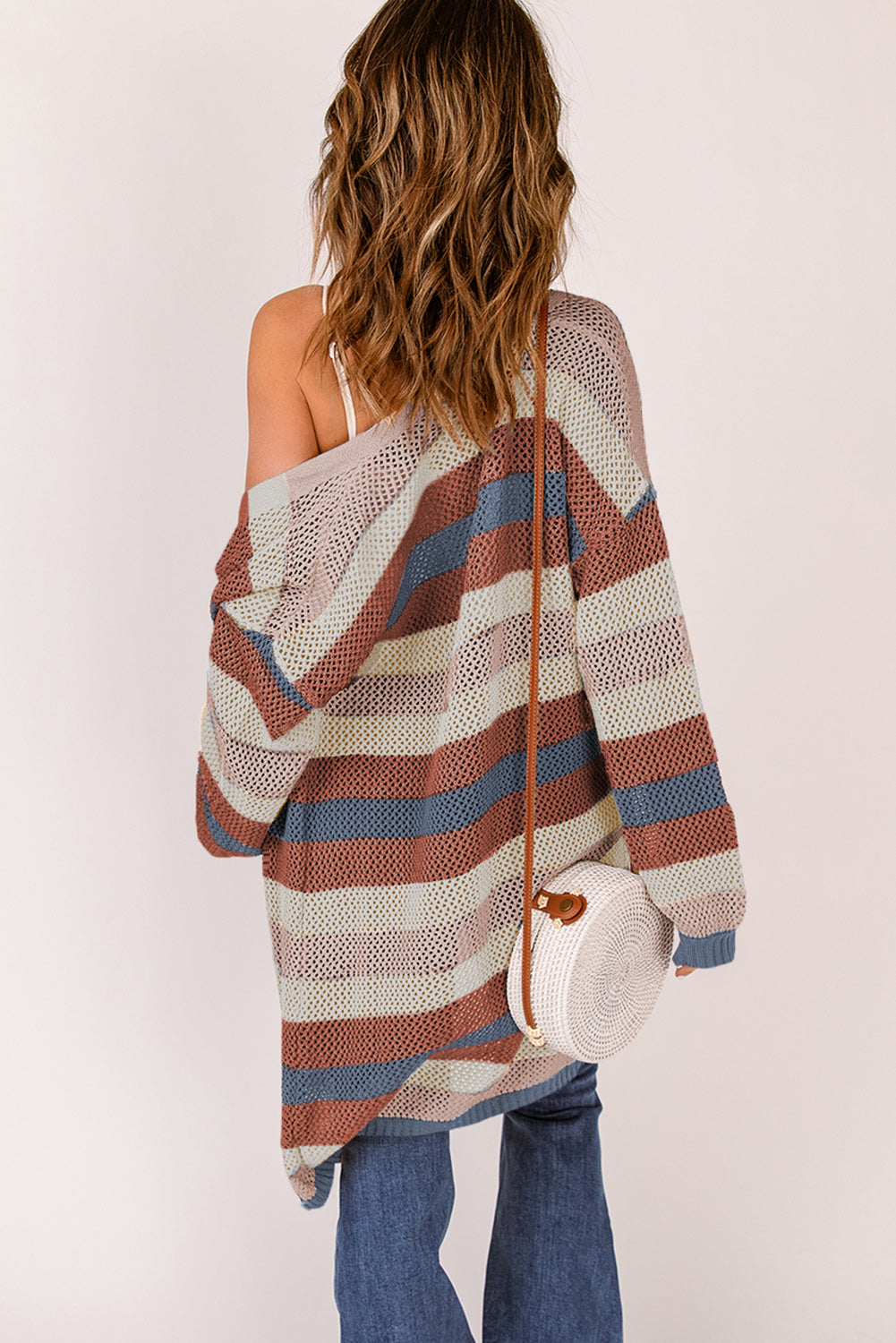 Full Size Striped Long Sleeve Openwork Cardigan