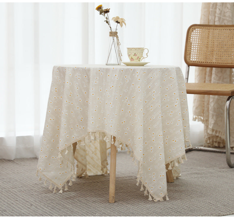 Cotton Linen Embroidery Daisy Tablecloth Decorative Macrame Table Cover Fashion Tassel Table Cloth