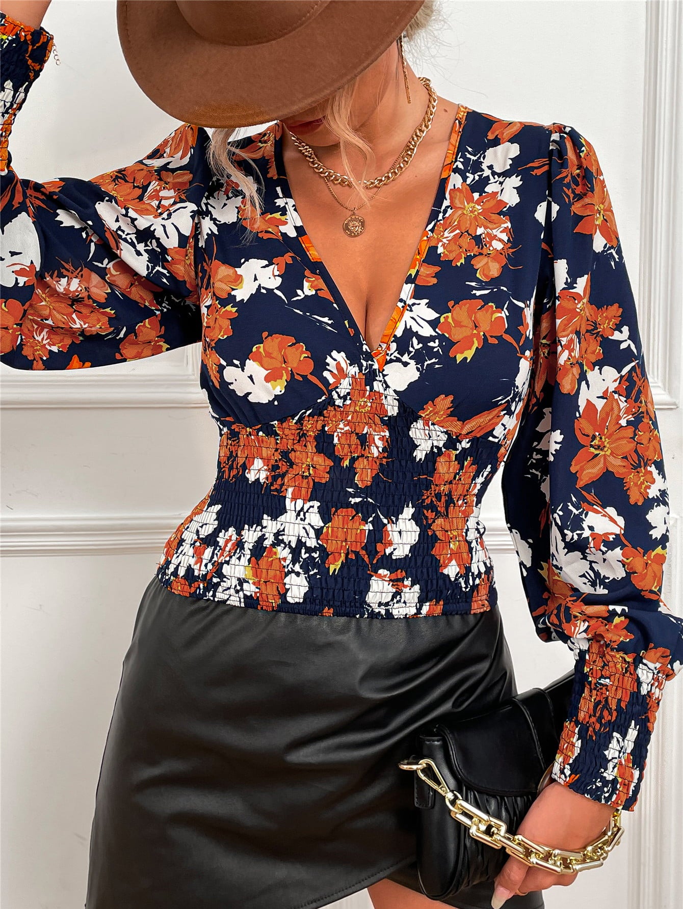 Smocked Floral Print V-Neck Lantern Sleeve Blouse