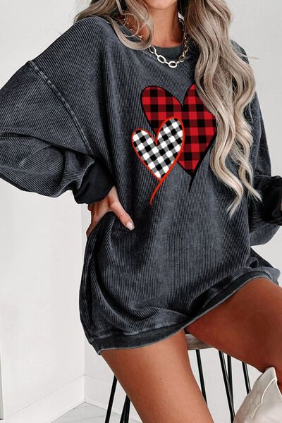 Heart Round Neck Dropped Shoulder Sweatshirt