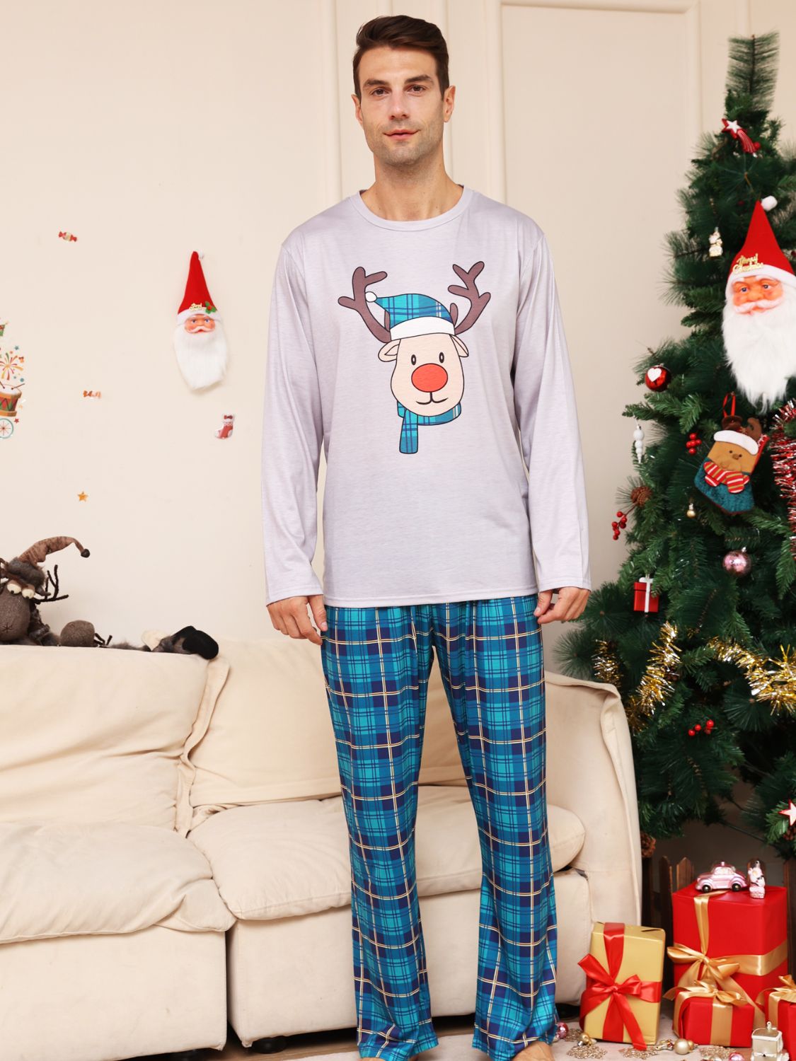 Full Size Rudolph Graphic Long Sleeve Top and Plaid Pants Set