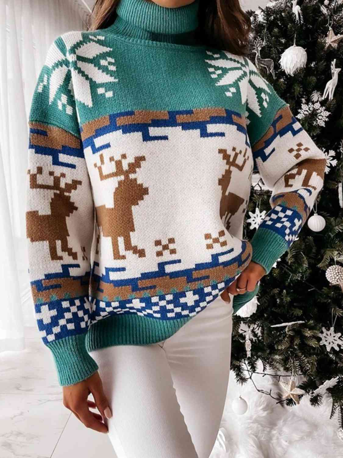 Reindeer Turtleneck Drop Shoulder Sweater