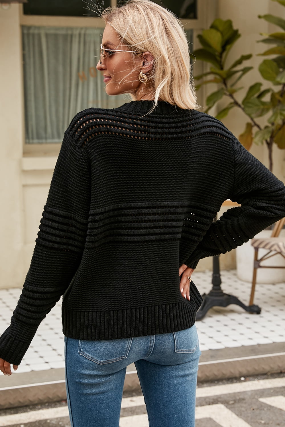 Round Neck Openwork Long Sleeve Pullover Sweater