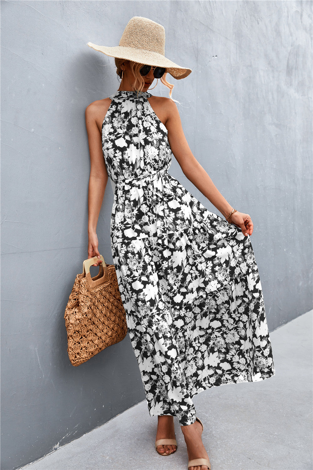 Printed Sleeveless Tie Waist Maxi Dress