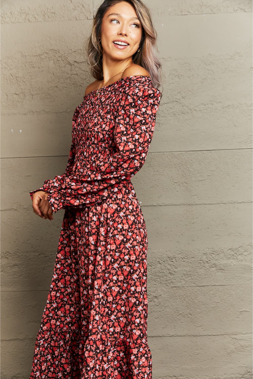 Off-Shoulder Long Sleeve Midi Dress