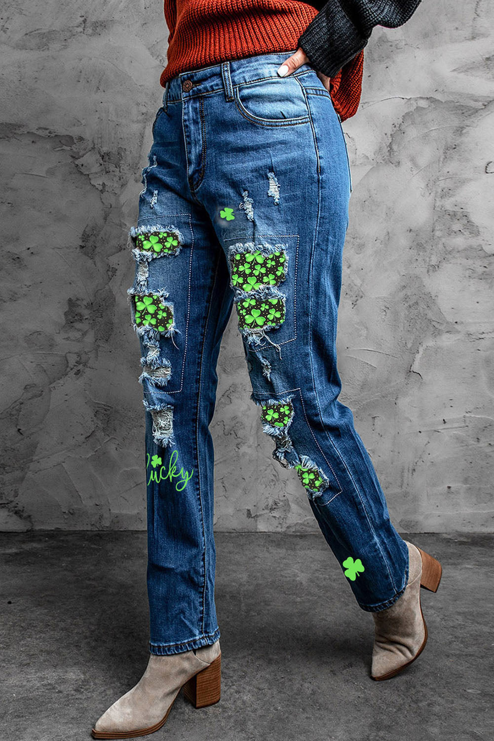 Printed Patch Distressed Boyfriend Jeans