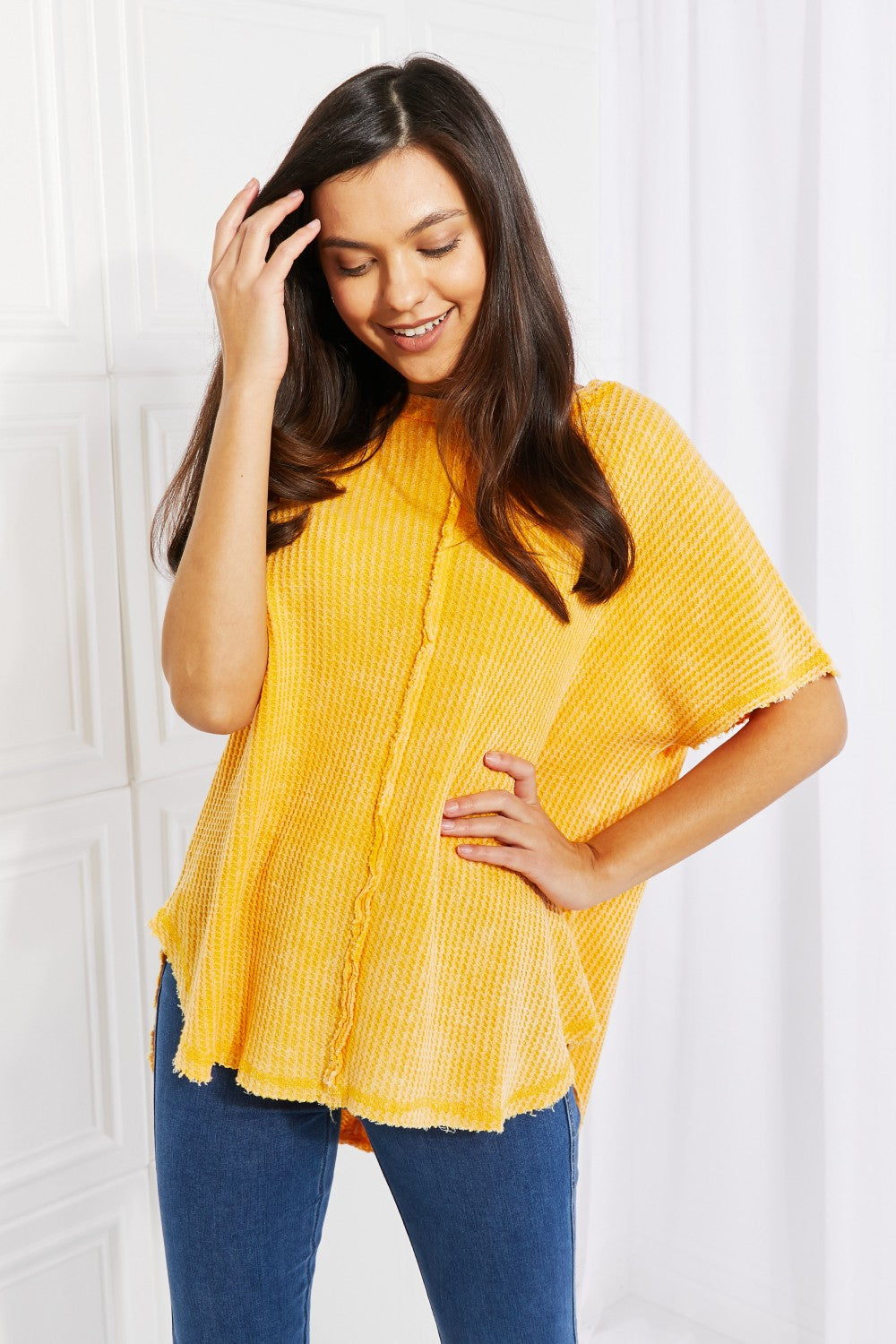 Zenana Start Small Washed Waffle Knit Top in Yellow Gold