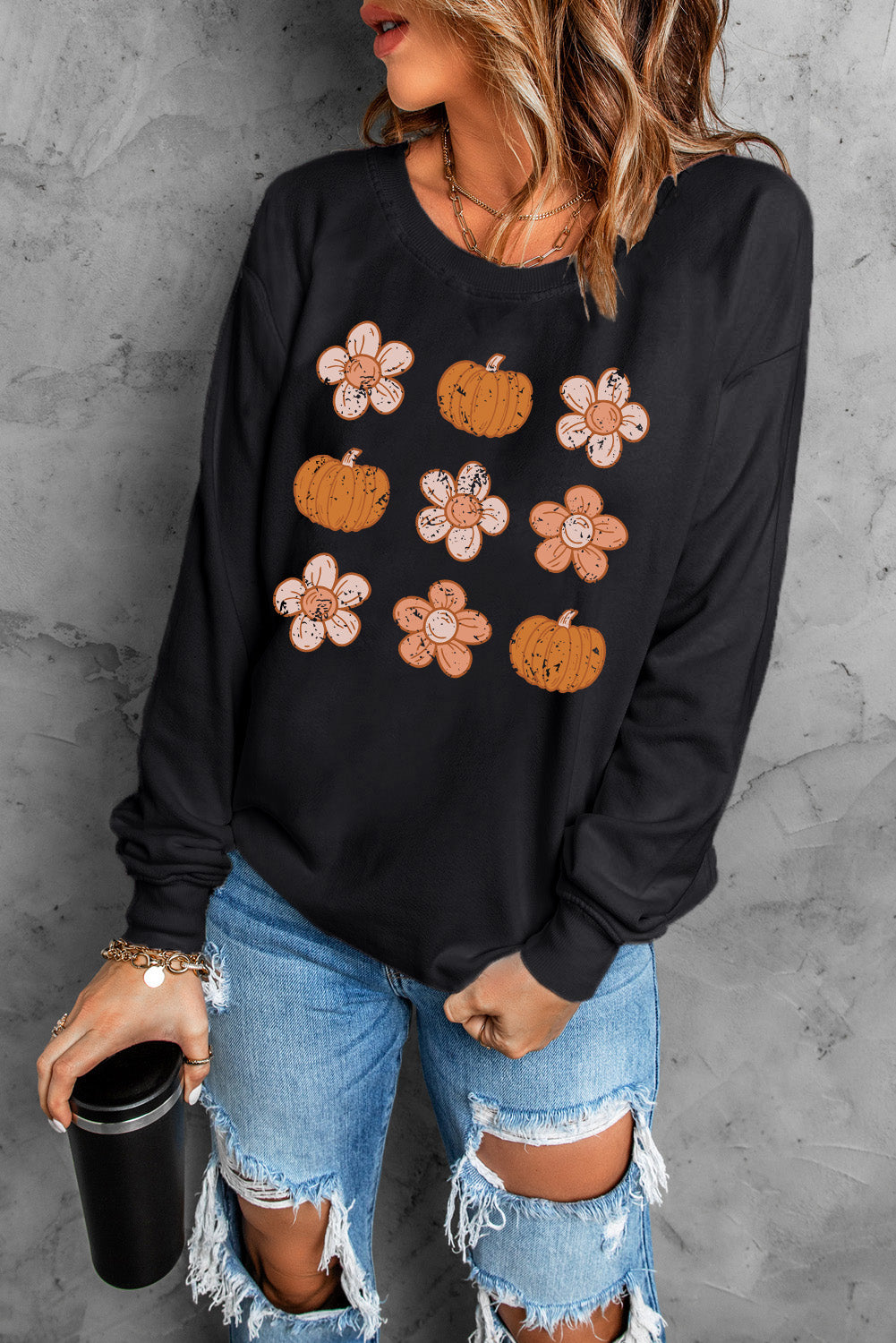 Round Neck Long Sleeve Pumpkin & Flower Graphic Sweatshirt