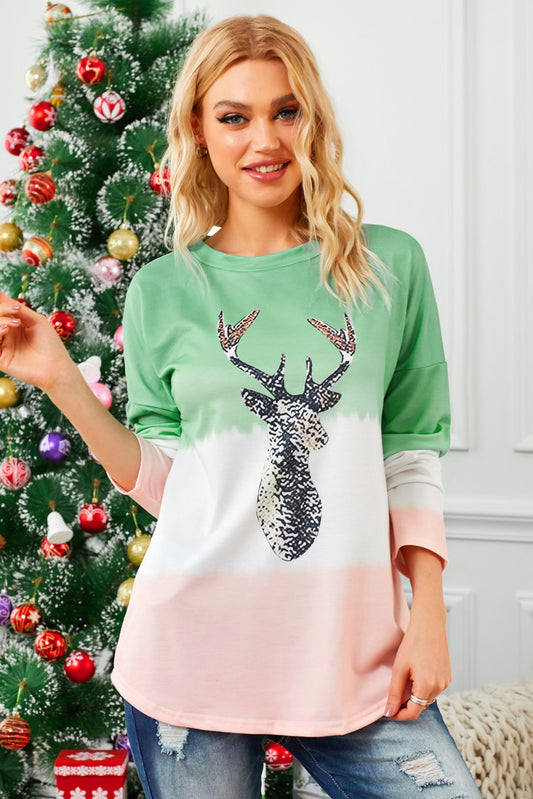 Reindeer Graphic Color Block Long Sleeve T-Shirt