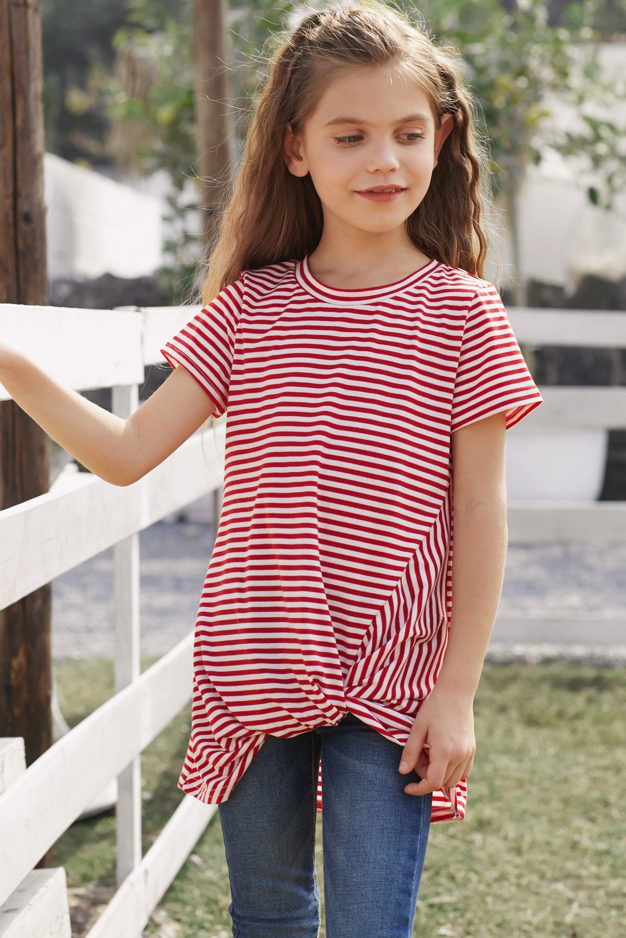 Girls Striped Round Neck Twisted Tee Shirt