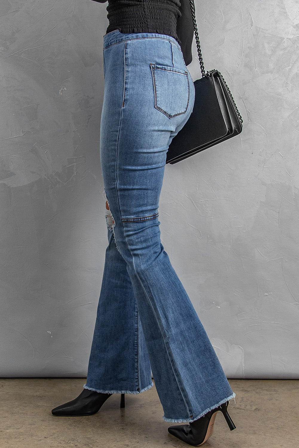 Distressed Raw Hem High-Waist Flare Jeans