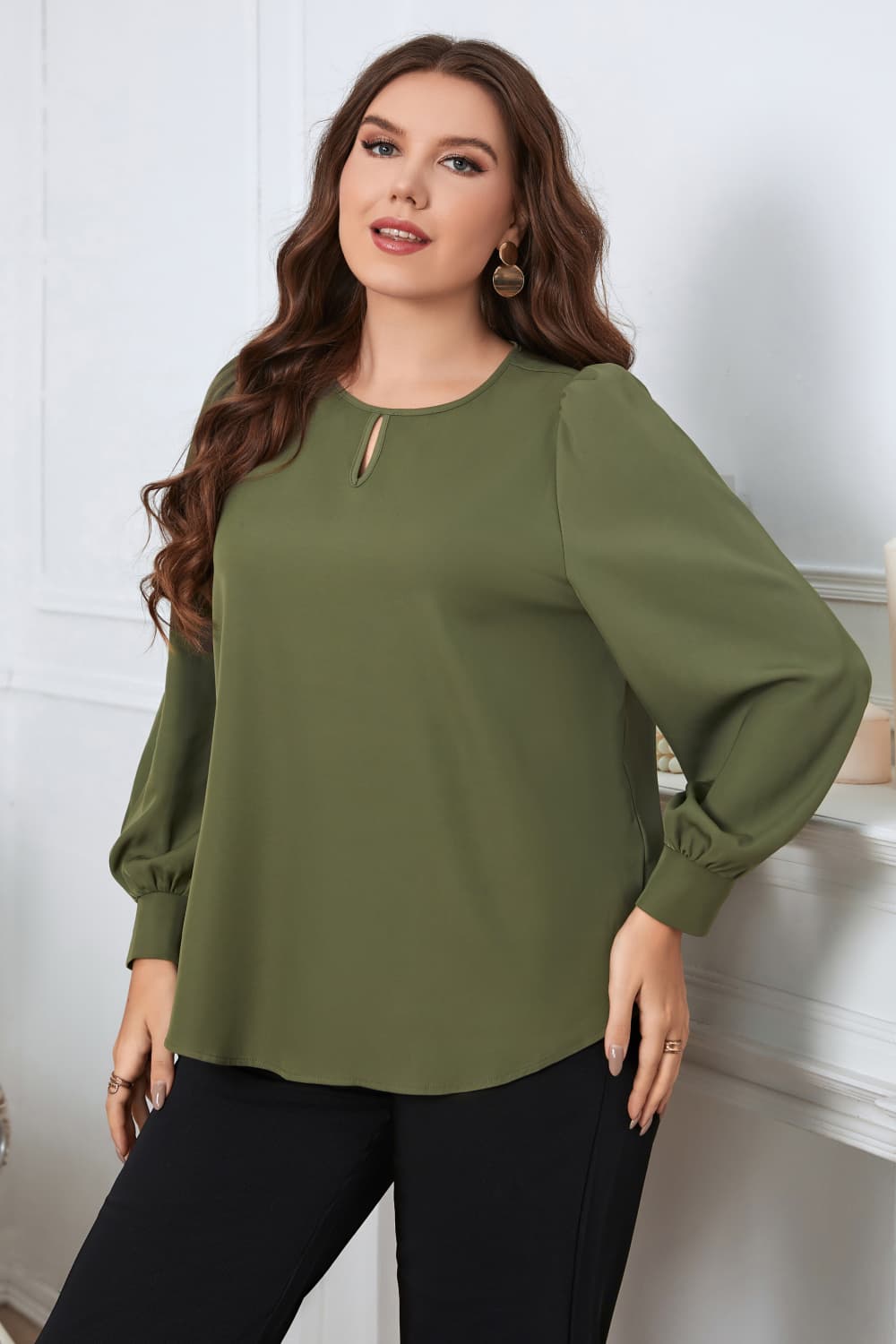 Plus Size Round Neck Long Sleeve Blouse