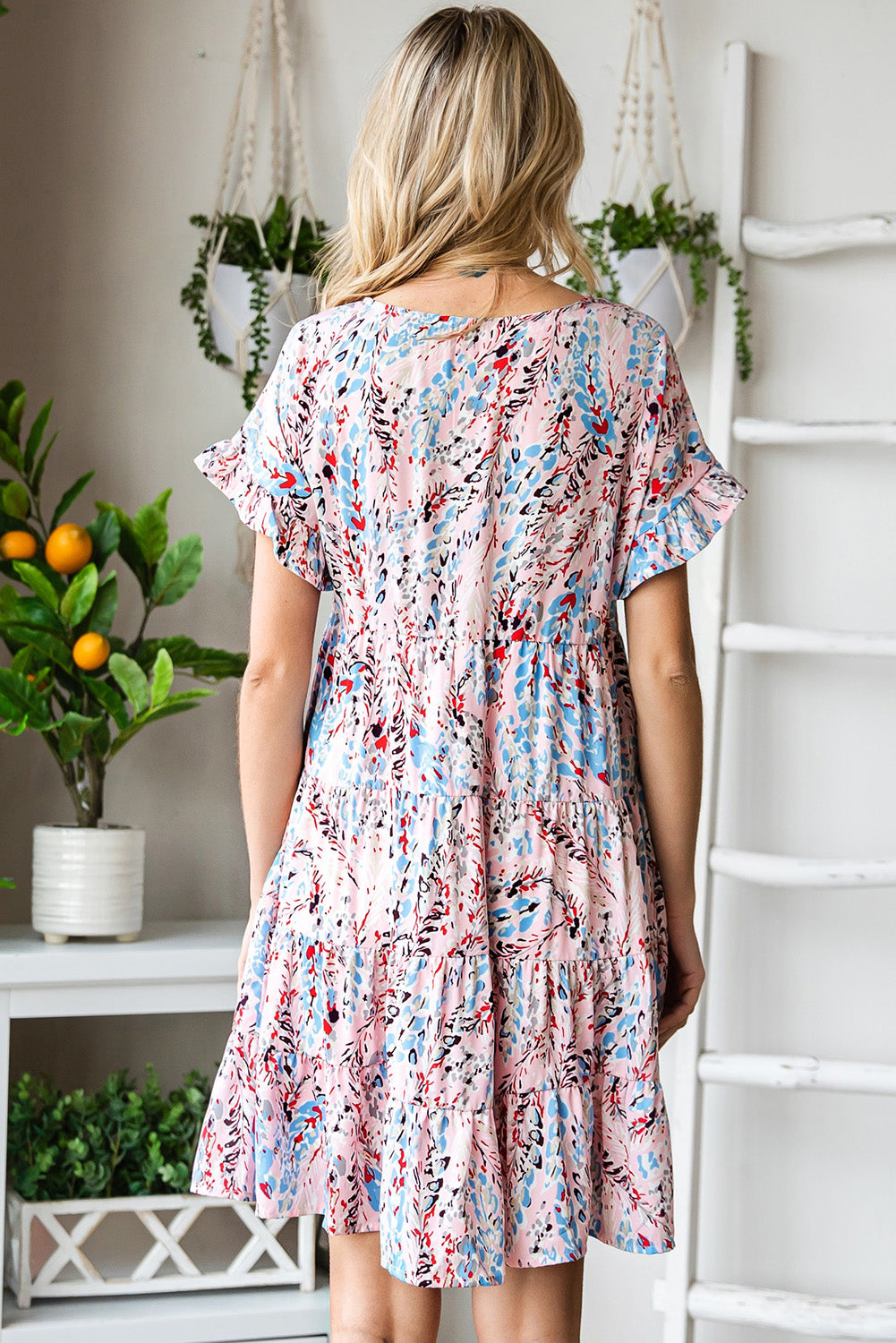 Printed Short Flounce Sleeve Tiered Dress