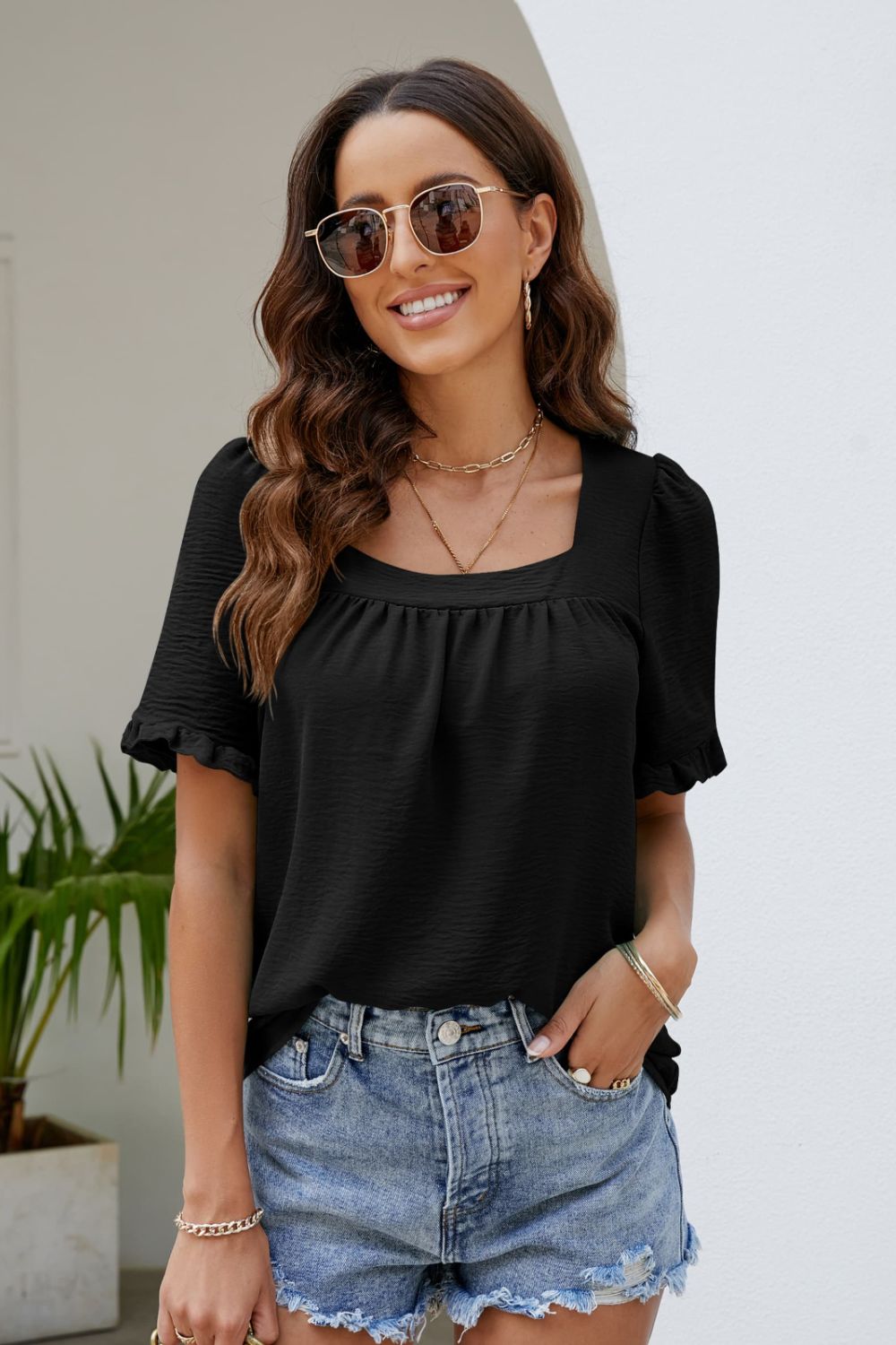 Frill Trim Puff Sleeve Square Neck Blouse