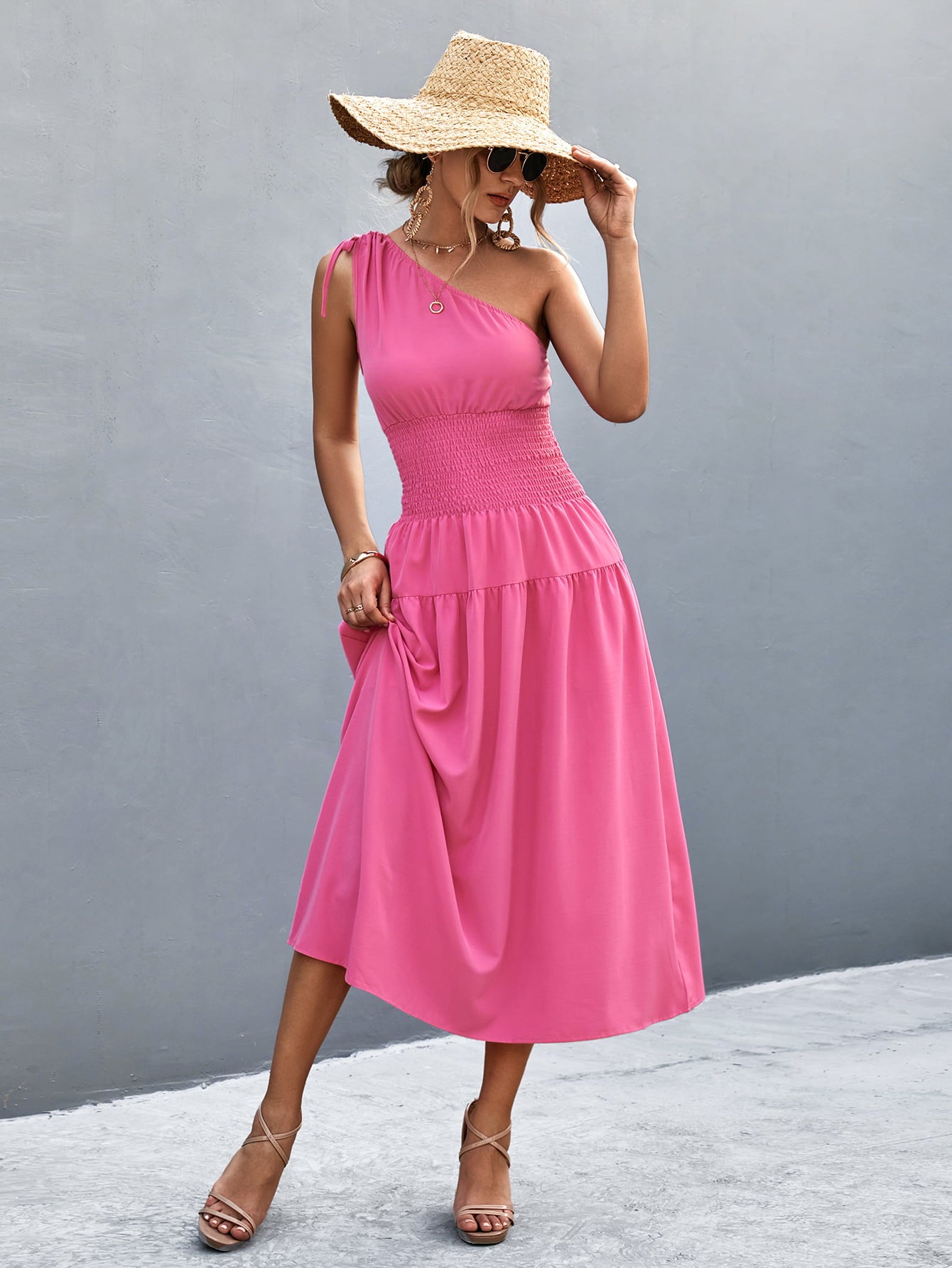 Asymmetrical One Shoulder Smocked Waist Midi Dress