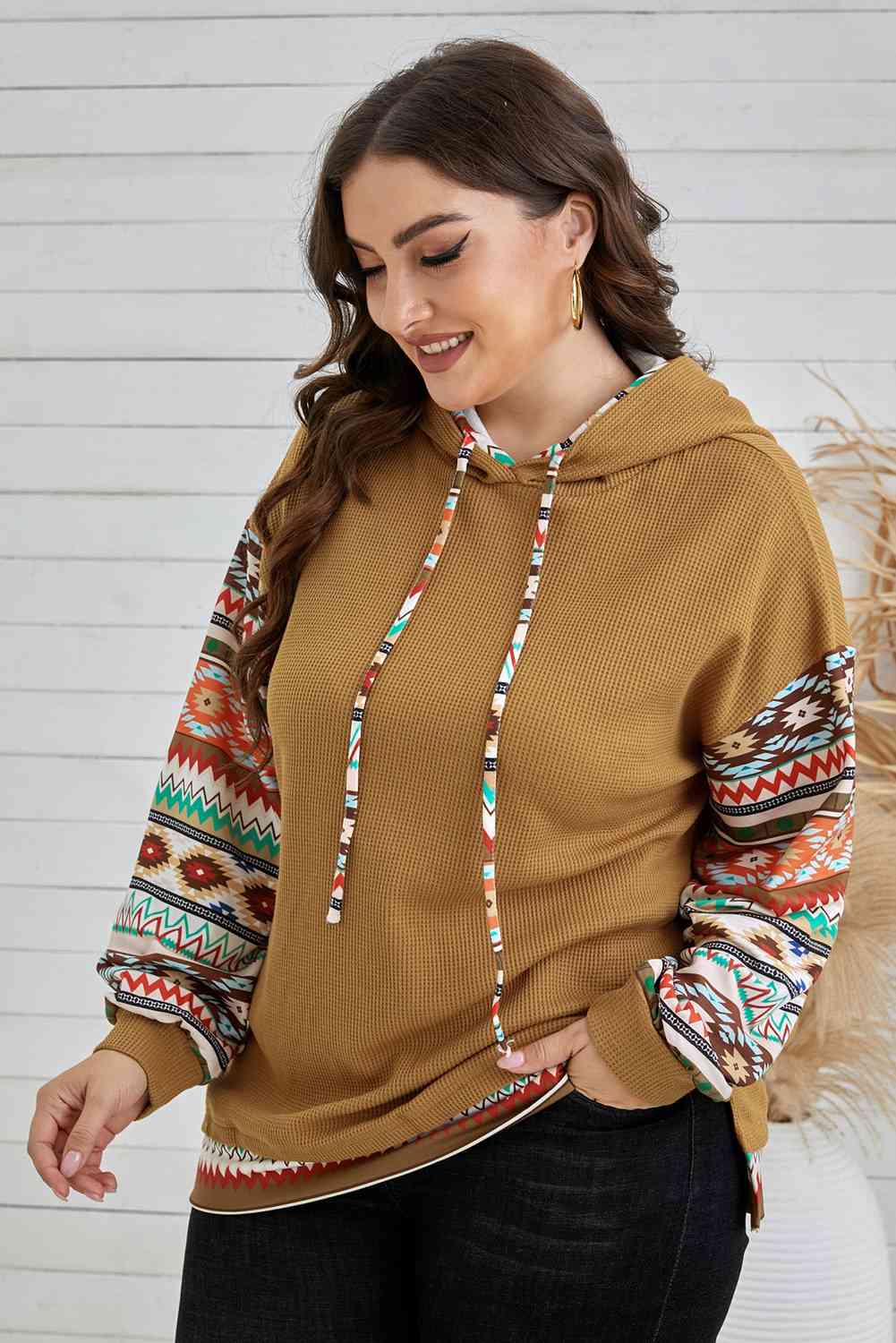 Plus Size Printed Side Slit Waffle-Knit Hoodie