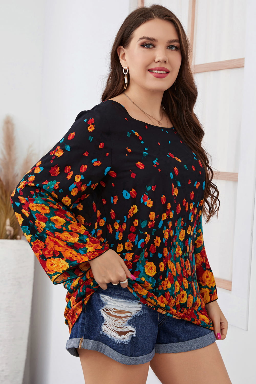 Plus Size Floral Round Neck Long Sleeve Blouse