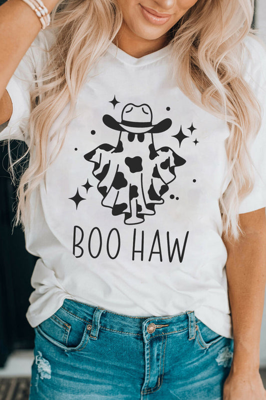 V-Neck Short Sleeve BOO HAW Ghost Graphic T-Shirt